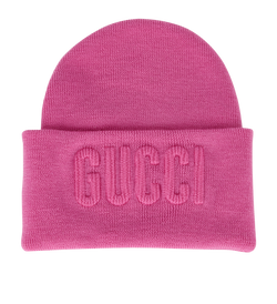 Gucci Logo Embossed Beanie, Wool, Pink, Sz M, 3*